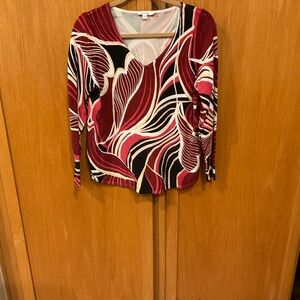 Chico's Burgundy, Black & Cream Abstract V-Neck Long Sleeve Top